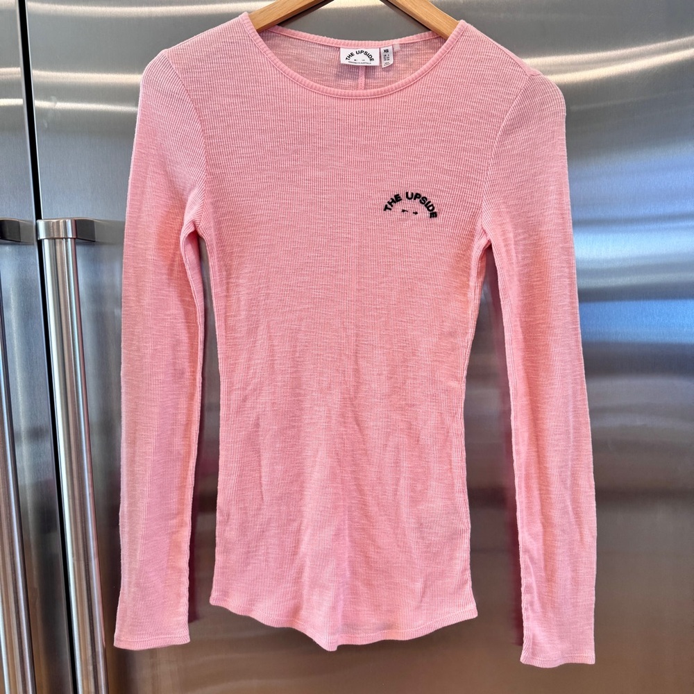 NEW The Upside Chrissy Ribbed Long Sleeve Thermal Top in Pink Embroidered Logo